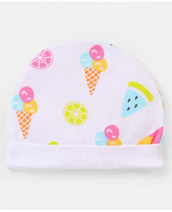 Babyhug 100% Cotton Caps with Bow Applique Ice Cream & Polka Dots Print Pack of 2 - Yellow White & Pink