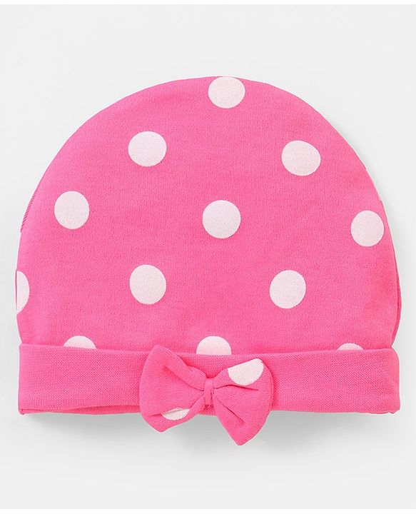 Babyhug 100% Cotton Caps with Bow Applique Ice Cream & Polka Dots Print Pack of 2 - Yellow White & Pink