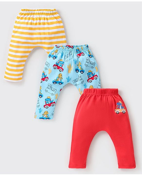 Babyhug Cotton Knit Full Length Diaper Leggings with Jeep & Dino Print Pack of 3 - Multicolour