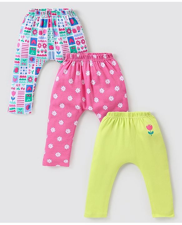Babyhug Cotton Knit Full Length Diaper Leggings with Floral Print Pack of 3 - Multicolour
