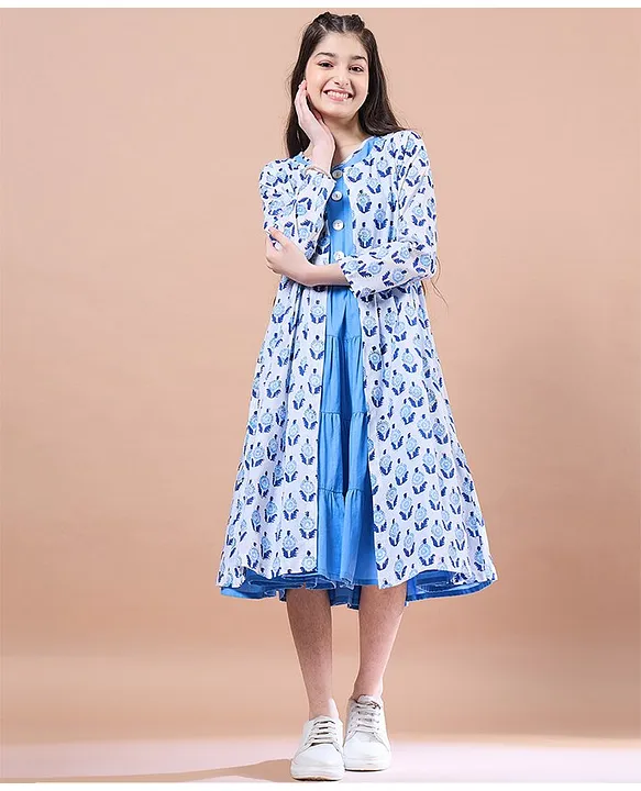 Buy Pspeaches Solid Tiered Dress With Three Fourth Sleeves Floral Printed Shrug Blue for Girls 10 12 Years Online in India Shop at FirstCry 16769995