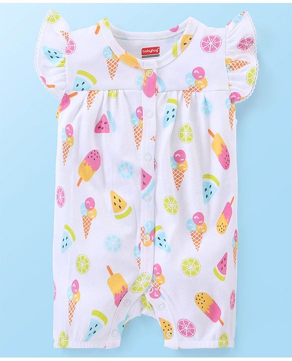 Babyhug 100% Cotton Knit Frill Sleeves Ice Cream Printed Romper - White