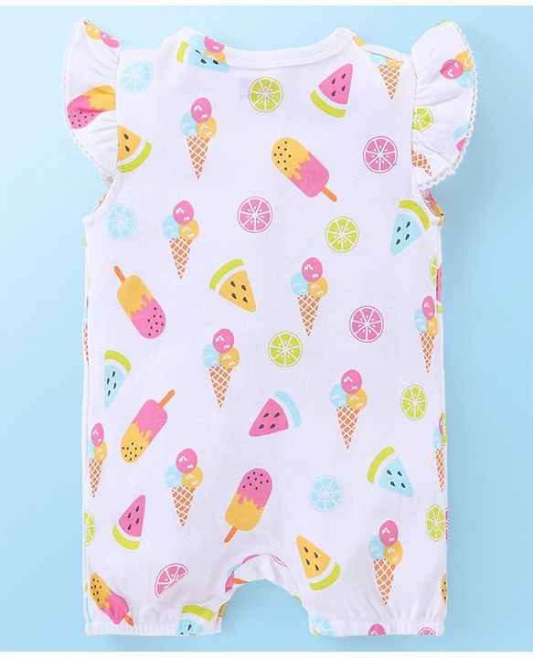 Babyhug 100% Cotton Knit Frill Sleeves Ice Cream Printed Romper - White