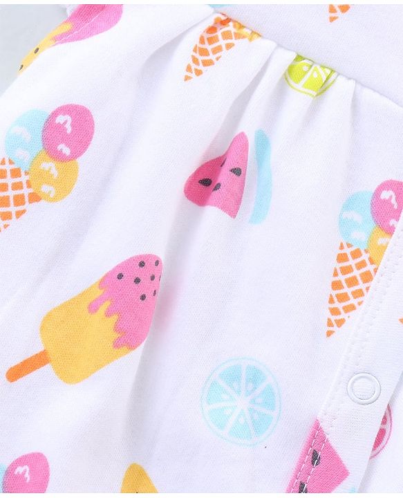 Babyhug 100% Cotton Knit Frill Sleeves Ice Cream Printed Romper - White
