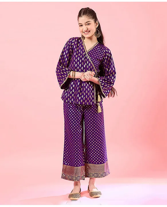 Pspeaches Three Fourth Sleeves Floral Foil Printed Top With Pant Wine