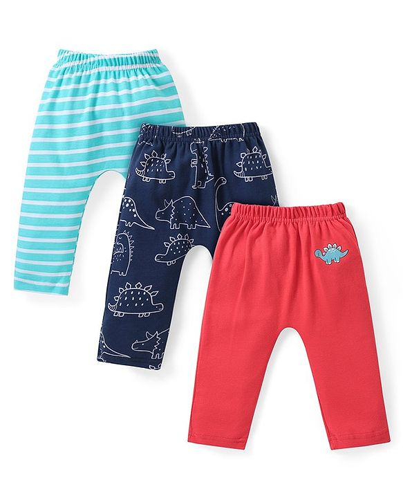 Babyhug Cotton Knit Full Length Diaper Leggings with Dino & Striped Pattern Pack of 3 - Multicolor