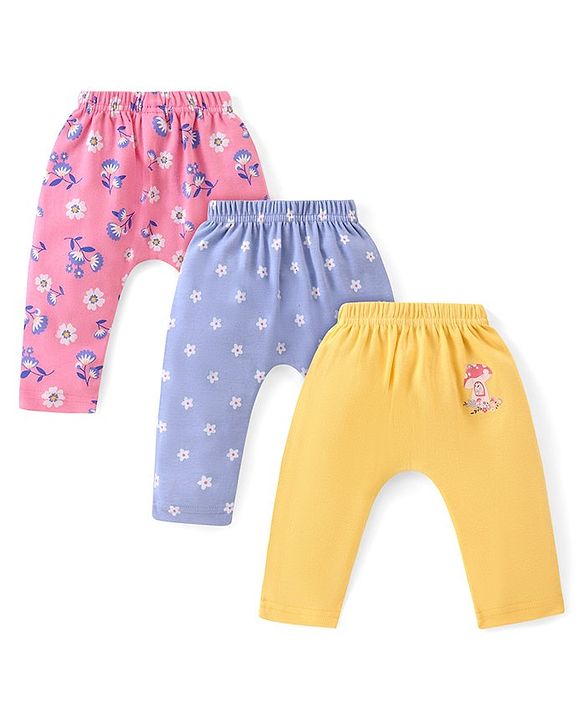 Babyhug Cotton Knit Full Length Diaper Leggings With Floral Print Pack Of 3 - Multicolor