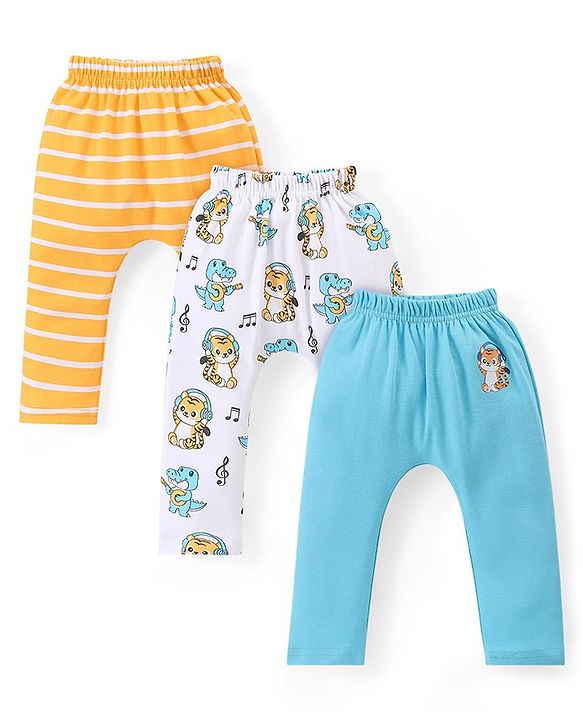 Babyhug Cotton Knit Full Length Diaper Leggings with Dino & Striped Pattern Pack of 3 - Multicolor