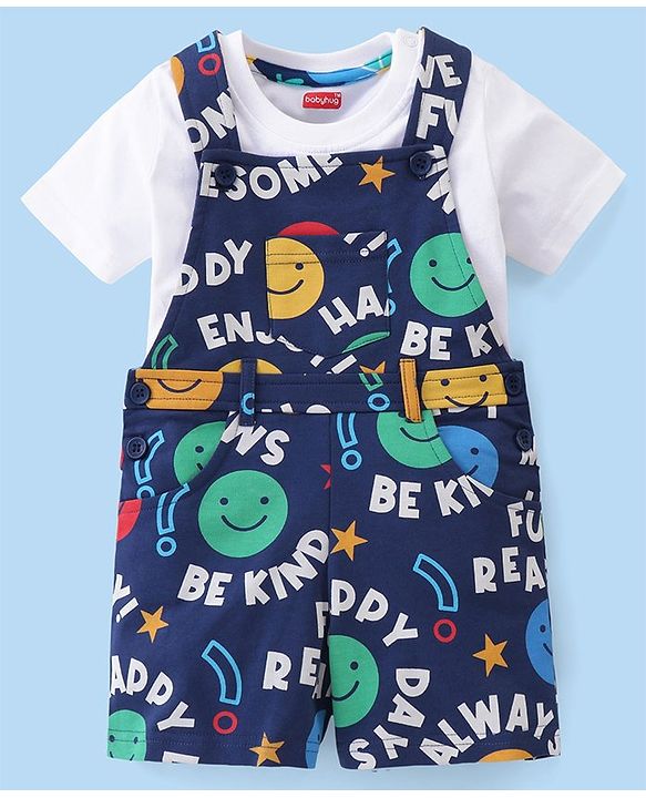 Babyhug 100% Cotton Knit Dungaree and Half Sleeves T-Shirt Set with Text Print - Blue
