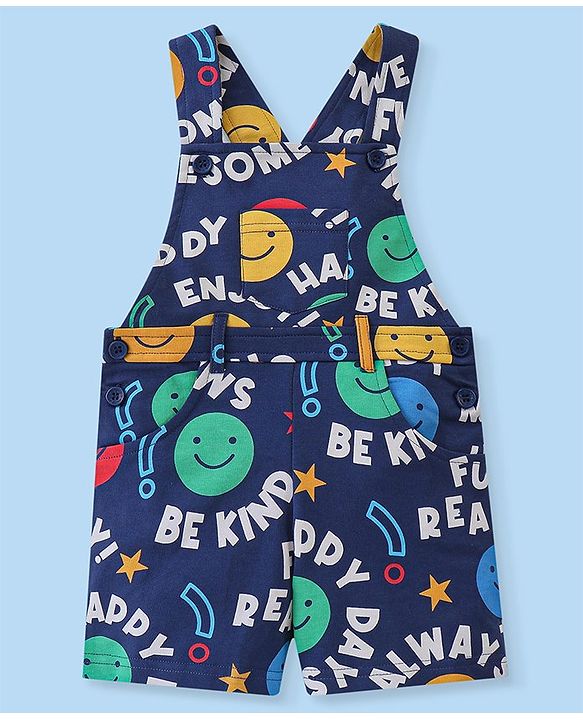Babyhug 100% Cotton Knit Dungaree and Half Sleeves T-Shirt Set with Text Print - Blue
