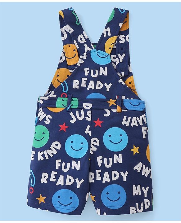 Babyhug 100% Cotton Knit Dungaree and Half Sleeves T-Shirt Set with Text Print - Blue