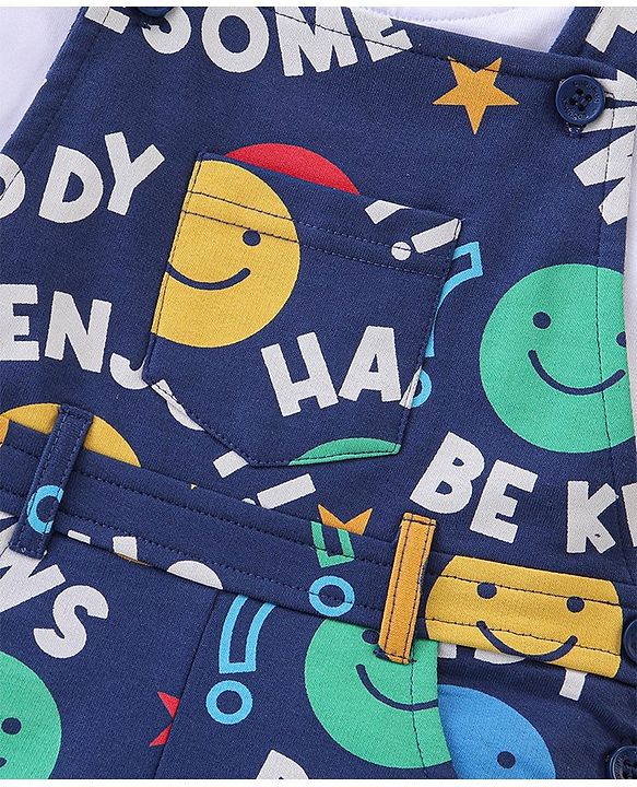 Babyhug 100% Cotton Knit Dungaree and Half Sleeves T-Shirt Set with Text Print - Blue