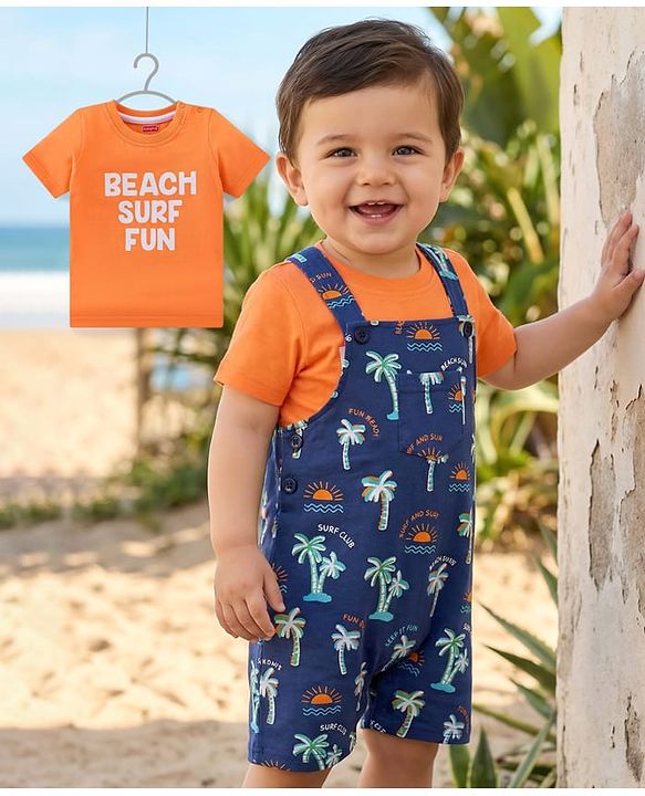 Babyhug Single Jersey Knit Beach Theme Printed Dungaree with Half Sleeves T-Shirt - Orange & Blue