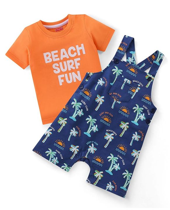 Babyhug Single Jersey Knit Beach Theme Printed Dungaree with Half Sleeves T-Shirt - Orange & Blue