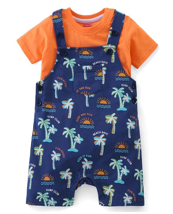 Babyhug Single Jersey Knit Beach Theme Printed Dungaree with Half Sleeves T-Shirt - Orange & Blue