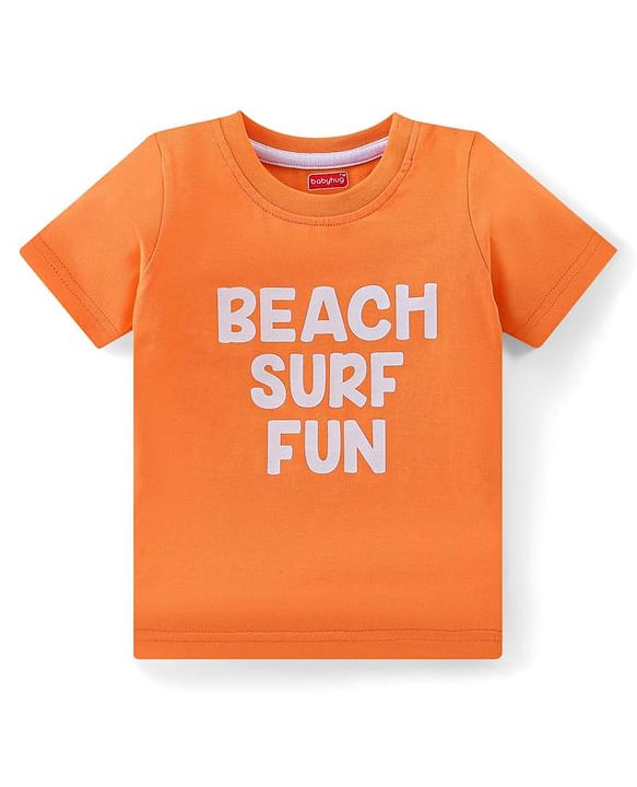 Babyhug Single Jersey Knit Beach Theme Printed Dungaree with Half Sleeves T-Shirt - Orange & Blue