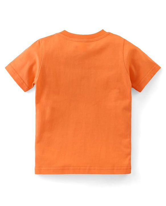 Babyhug Single Jersey Knit Beach Theme Printed Dungaree with Half Sleeves T-Shirt - Orange & Blue
