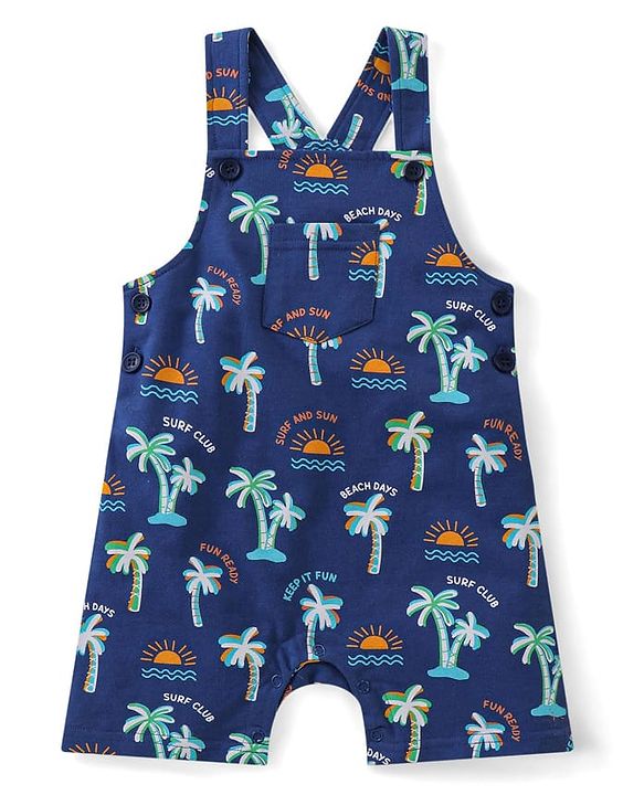 Babyhug Single Jersey Knit Beach Theme Printed Dungaree with Half Sleeves T-Shirt - Orange & Blue