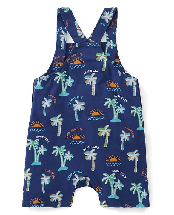 Babyhug Single Jersey Knit Beach Theme Printed Dungaree with Half Sleeves T-Shirt - Orange & Blue