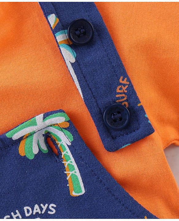 Babyhug Single Jersey Knit Beach Theme Printed Dungaree with Half Sleeves T-Shirt - Orange & Blue