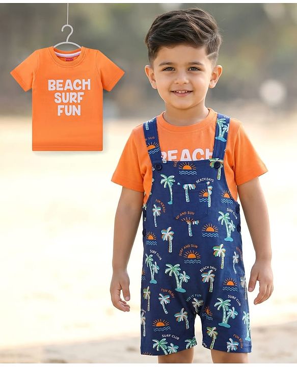 Babyhug Single Jersey Knit Beach Theme Printed Dungaree with Half Sleeves T-Shirt - Orange & Blue