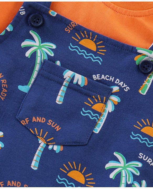 Babyhug Single Jersey Knit Beach Theme Printed Dungaree with Half Sleeves T-Shirt - Orange & Blue
