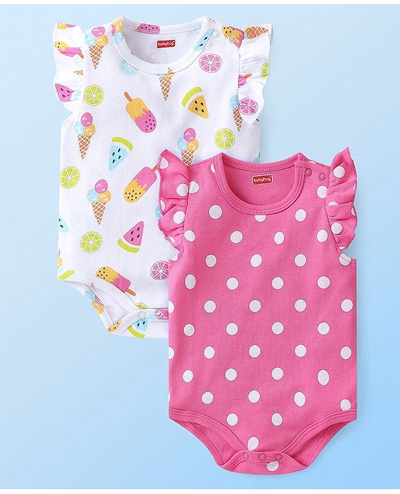 Babyhug 100% Cotton Knit Frill Sleeves Polka Dots & Ice Cream Printed Onesies Pack of 2 - White & Pink