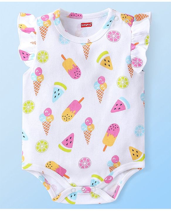 Babyhug 100% Cotton Knit Frill Sleeves Polka Dots & Ice Cream Printed Onesies Pack of 2 - White & Pink