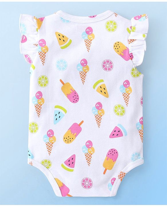 Babyhug 100% Cotton Knit Frill Sleeves Polka Dots & Ice Cream Printed Onesies Pack of 2 - White & Pink