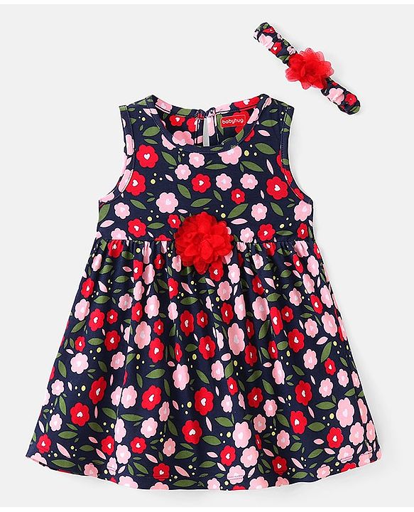 Babyhug Cotton Jersey Knit Sleeveless Floral Printed Frock with Headband  - Navy