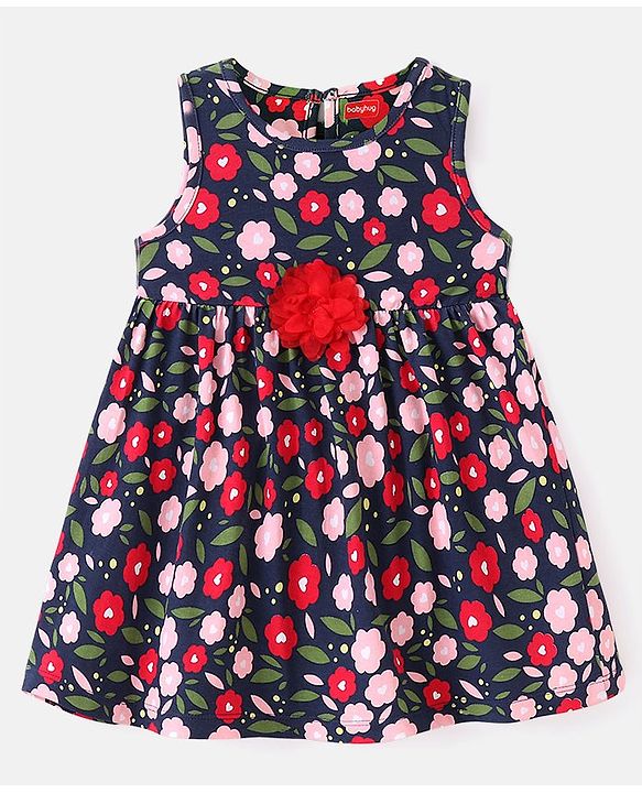 Babyhug Cotton Jersey Knit Sleeveless Floral Printed Frock with Headband  - Navy