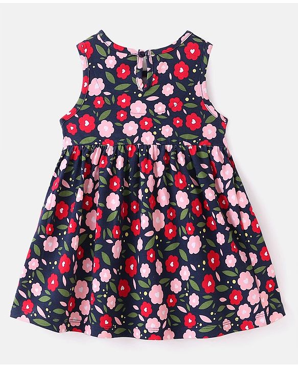Babyhug Cotton Jersey Knit Sleeveless Floral Printed Frock with Headband  - Navy