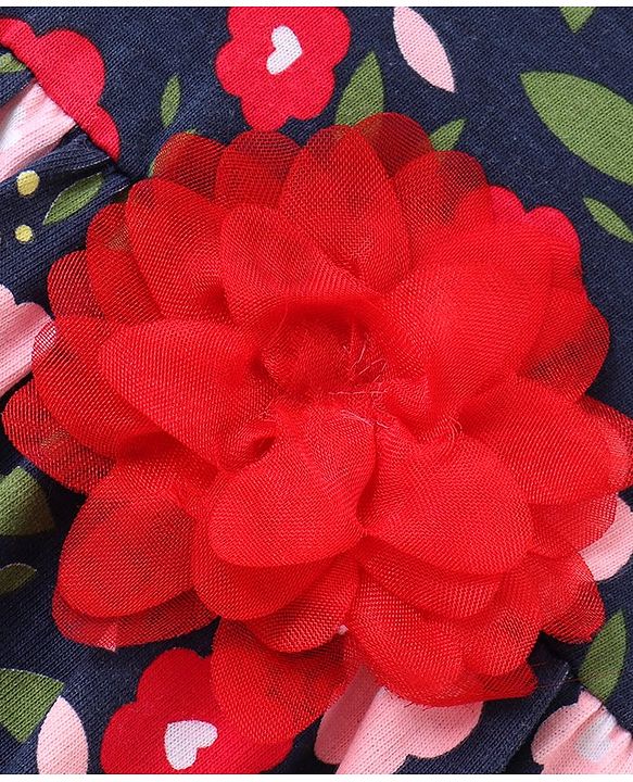 Babyhug Cotton Jersey Knit Sleeveless Floral Printed Frock with Headband  - Navy