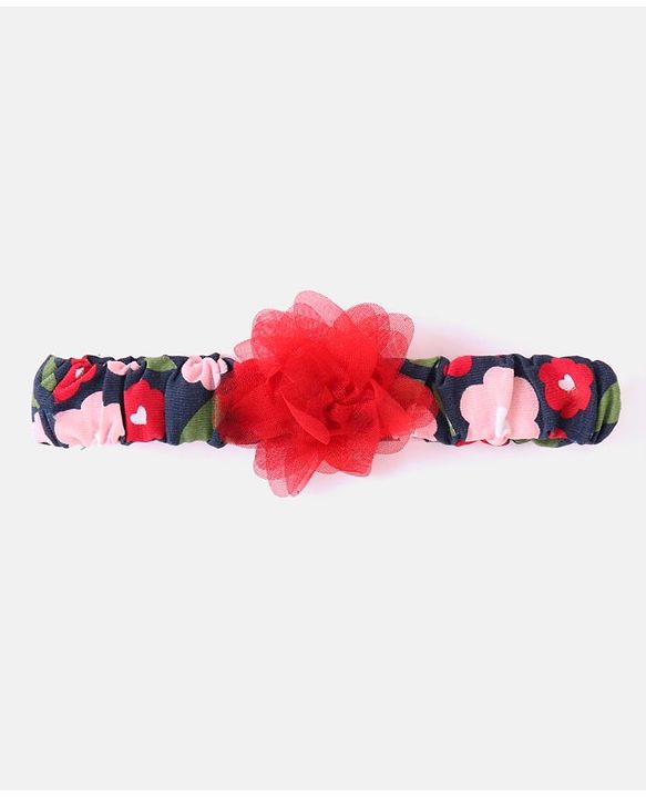 Babyhug Cotton Jersey Knit Sleeveless Floral Printed Frock with Headband  - Navy