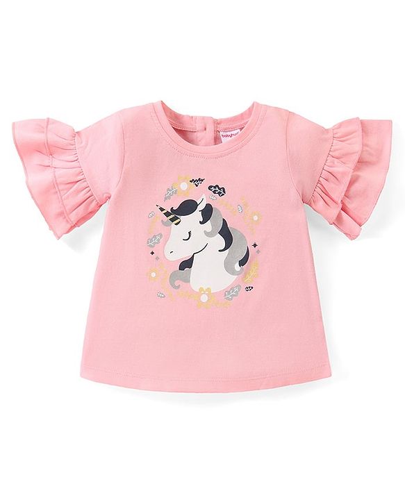 Babyhug Cotton Knit Half Sleeves Unicorn Print Top with Frill and Glitter Detailing - Pink