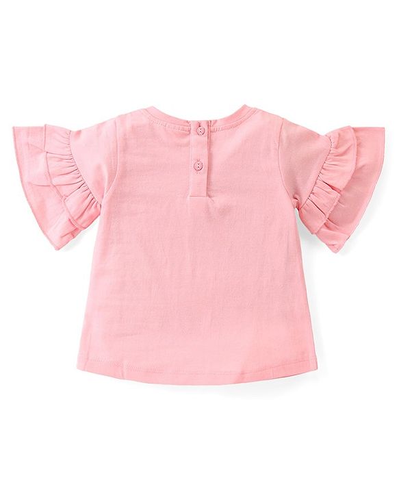 Babyhug Cotton Knit Half Sleeves Unicorn Print Top with Frill and Glitter Detailing - Pink