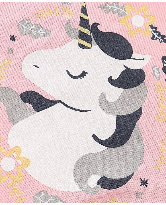 Babyhug Cotton Knit Half Sleeves Unicorn Print Top with Frill and Glitter Detailing - Pink