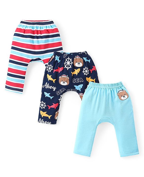 Babyhug Cotton Knit Full Length Striped Diaper Leggings Shark Print  Pack of 3 - Multicolour