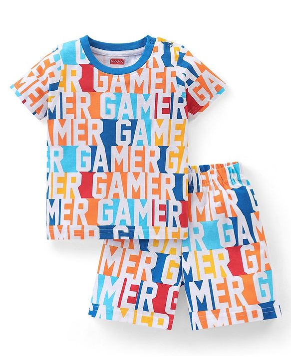 Babyhug Cotton Knit Half Sleeves Gamer Printed Night Suit - Multicolour