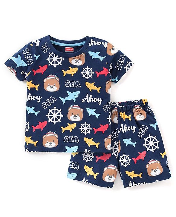 Babyhug Cotton Knit Half Sleeves Teddy Printed Night Suit - Multicolour