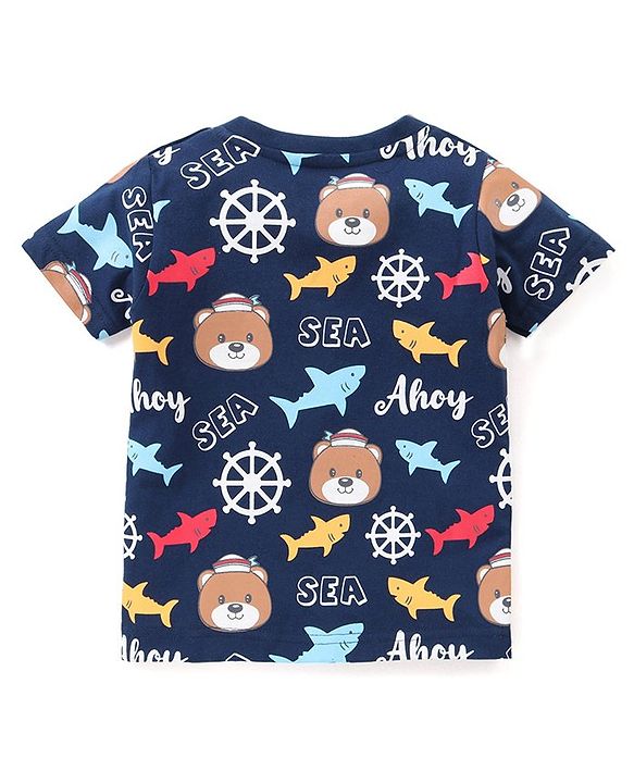 Babyhug Cotton Knit Half Sleeves Teddy Printed Night Suit - Multicolour