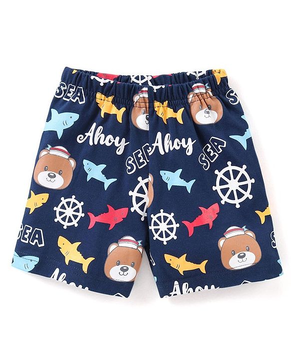 Babyhug Cotton Knit Half Sleeves Teddy Printed Night Suit - Multicolour