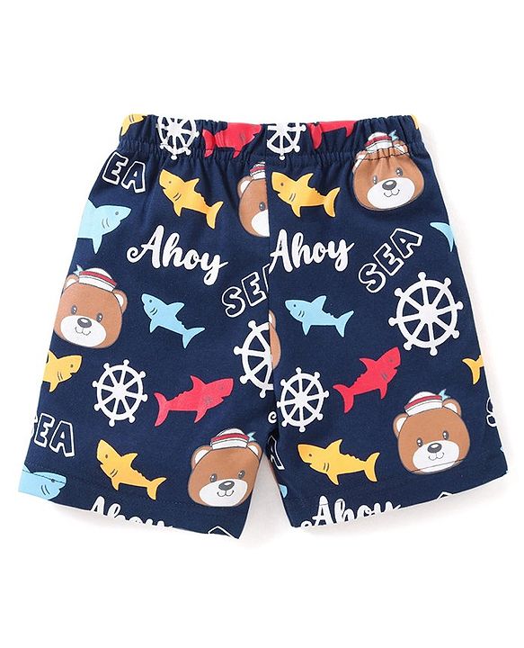 Babyhug Cotton Knit Half Sleeves Teddy Printed Night Suit - Multicolour