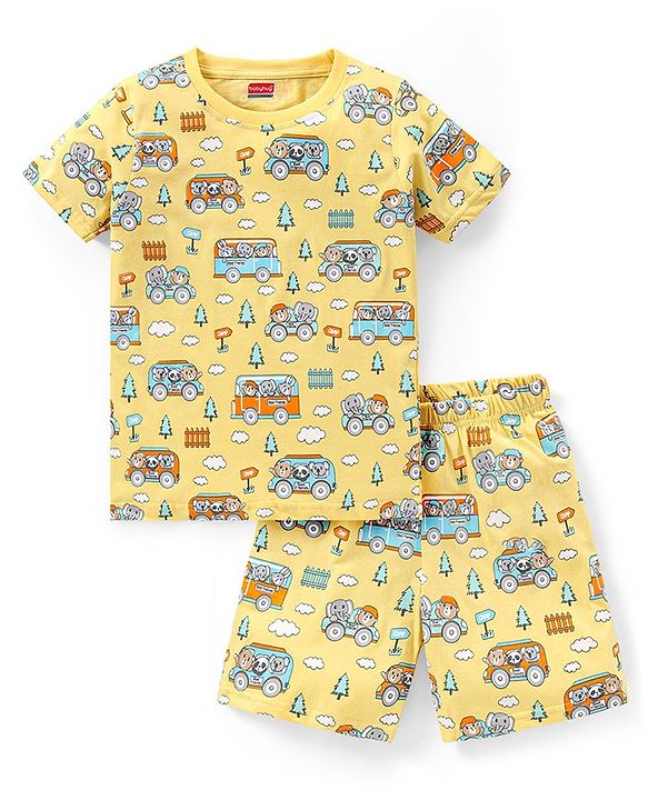 Babyhug Cotton Knit Half Sleeves Night Suit  With Animal Print - Multicolor