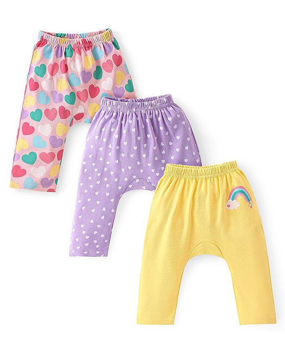 Babyhug Cotton Knit Full Length Diaper Leggings with Heart & Rainbow Print Pack of 3 - Multicolour