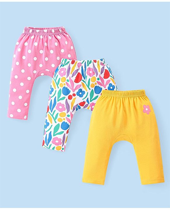 Babyhug Cotton Knit Full Length Diaper Leggings Polka Dots & Floral Print Pack of 3 - Multicolour
