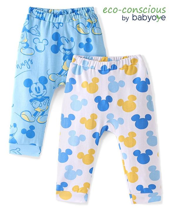 Babyoye Disney Interlock Knit Full Length Diaper Leggings With Mickey Mouse Graphics Pack Of 2 - Blue & White