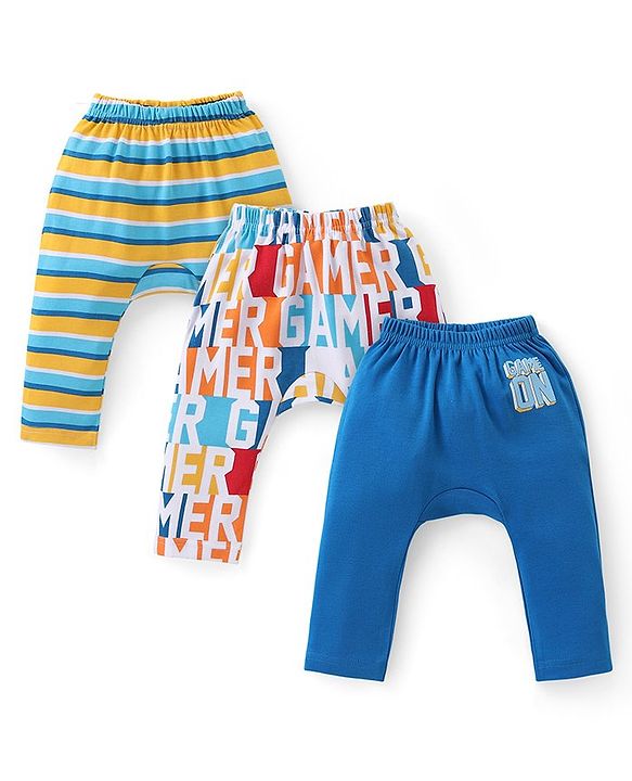 Babyhug Cotton Knit Full Length Striped Diaper Leggings Text Print Pack of 3 - Multicolour