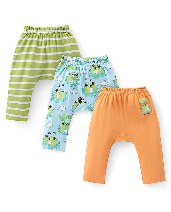 Babyhug Cotton Knit Full Length Striped Diaper Leggings Frog Print Pack of 3 - Multicolour
