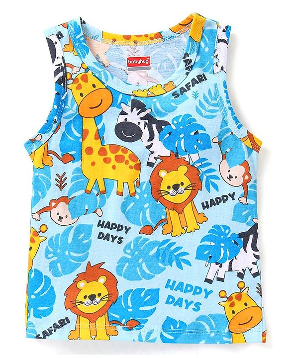Babyhug 100% Cotton Knit Sleeveless Sando Stripes & Jungle Safari Theme Pack of 3 - Blue Yellow & White
